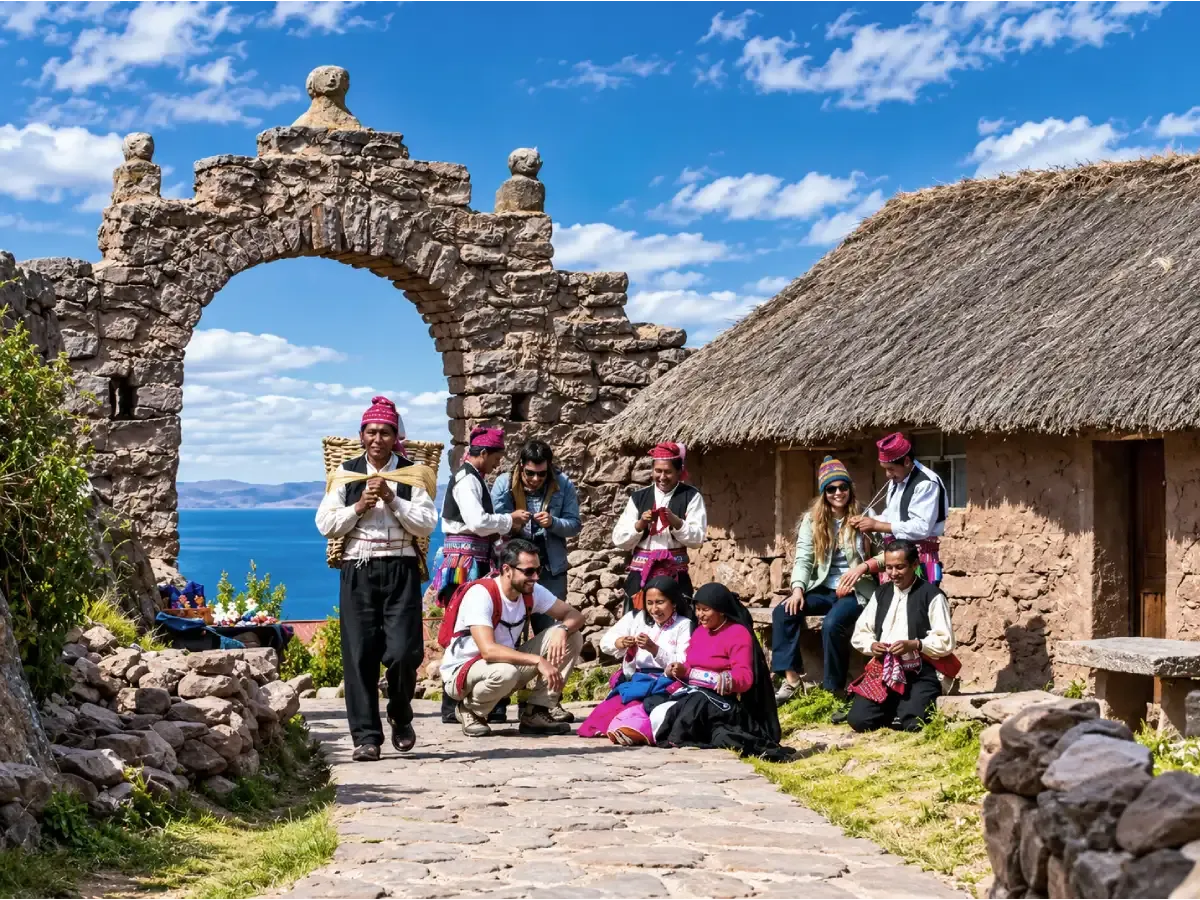 Turistas y pobladores con vestimenta tradicional compartiendo tejidos artesanales en la isla de Amantaní, junto al lago Titicaca en Puno, Perú.