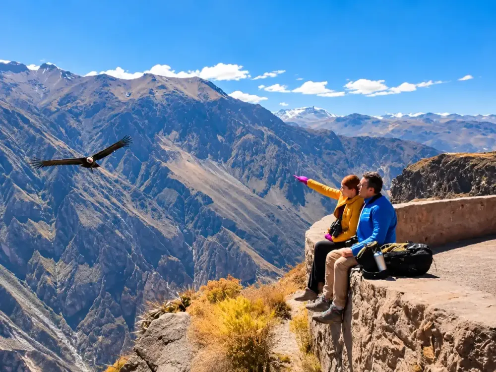 Pareja observa el vuelo de un cóndor sobre el profundo Cañón del Colca