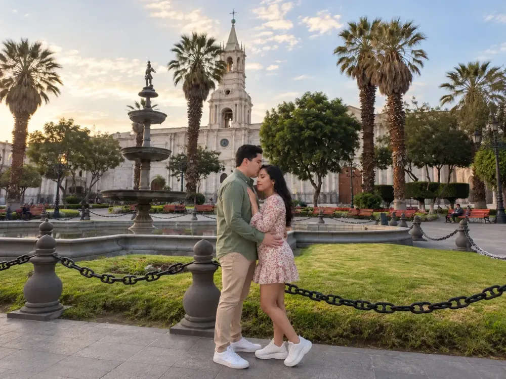Pareja abrazada en la Plaza de Armas de Arequipa con la catedral de fondo.