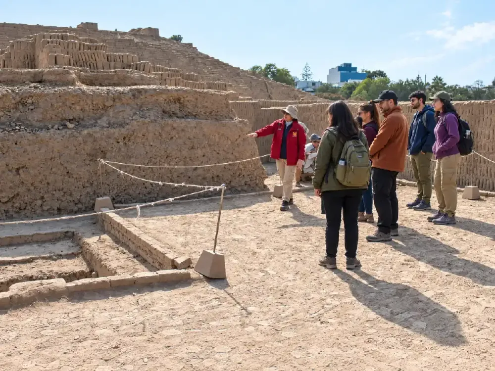 Turistas en una visita guiada por la gran pirámide preínca del sitio arqueológico Huaca Pucllana en Lima, Perú.