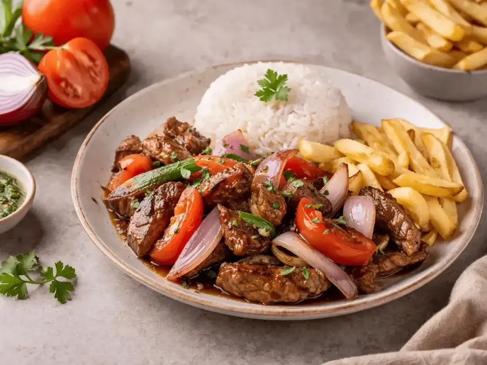 Lomo saltado criollo con arroz blanco y papas fritas servido en un plato redondo.
