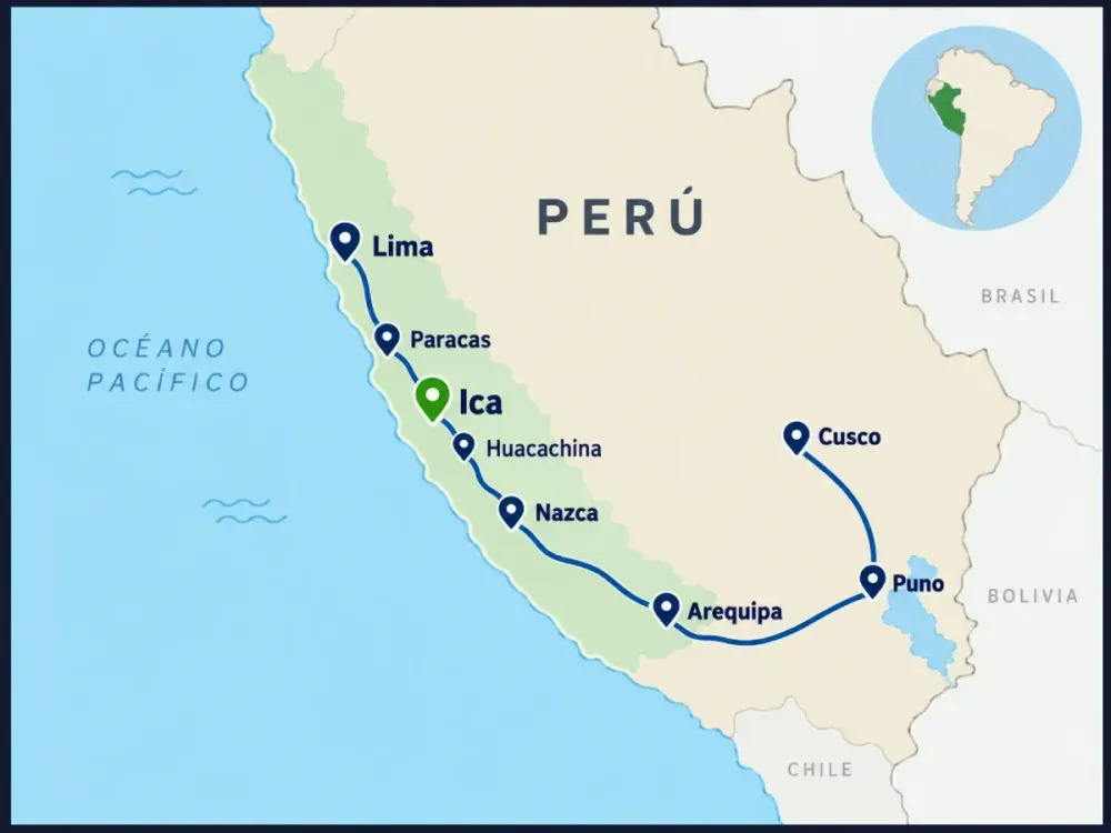 Mapa de ruta por el sur del Perú desde Lima hasta Cusco, pasando por Paracas, Ica, Huacachina, Nazca, Arequipa y Puno.