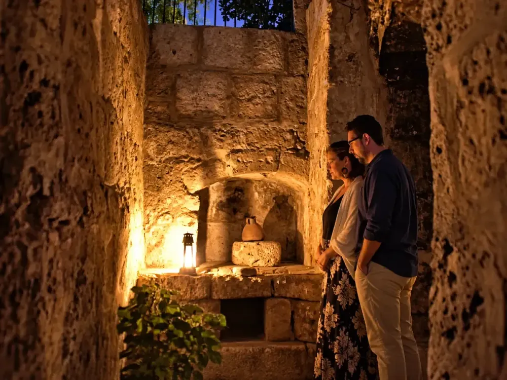 Pareja iluminada por un candil en un cuarto de piedra de Santa Catalina