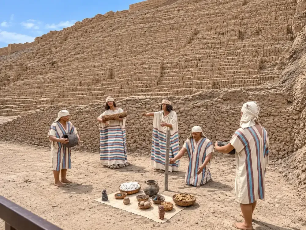 Maniquíes con vestimenta típica recreando un ritual en Huaca Pucllana
