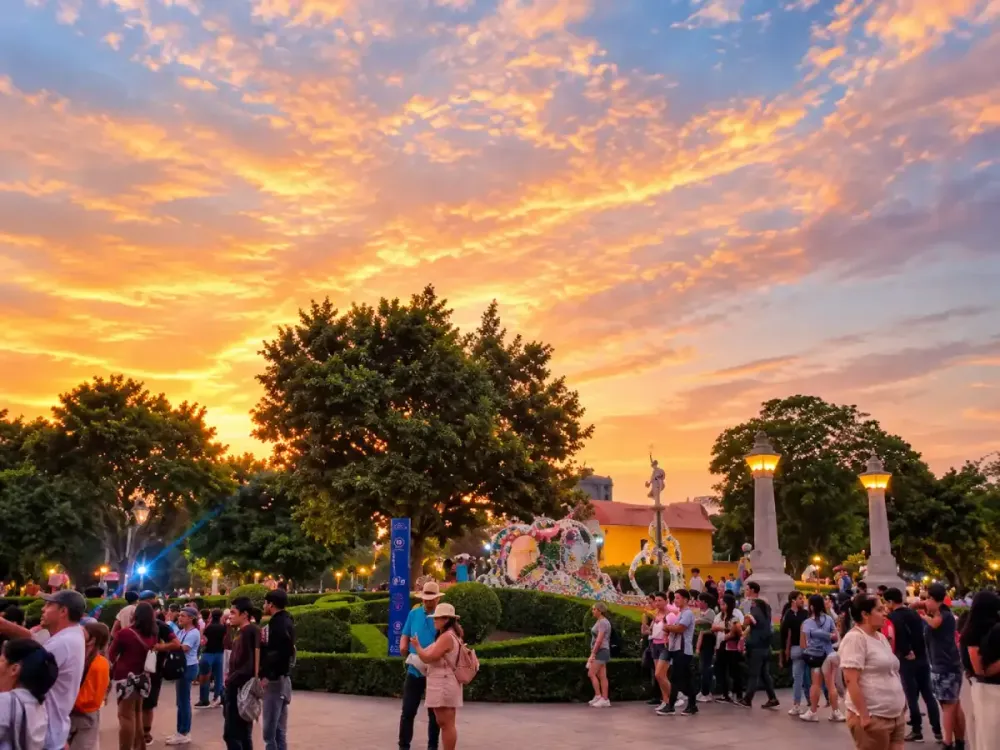 Multitud de visitantes disfrutando del atardecer en los jardines del Circuito Mágico del Agua.