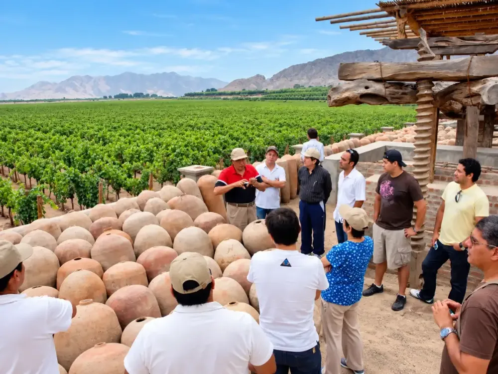 Turistas conociendo la elaboración tradicional del pisco entre tinajas de barro y viñedos en Ica, Perú.