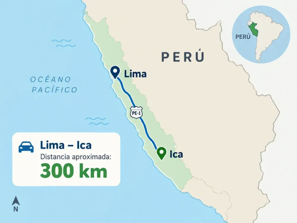Mapa simple del Perú con la ruta Lima–Ica y distancia aproximada de 300 km.